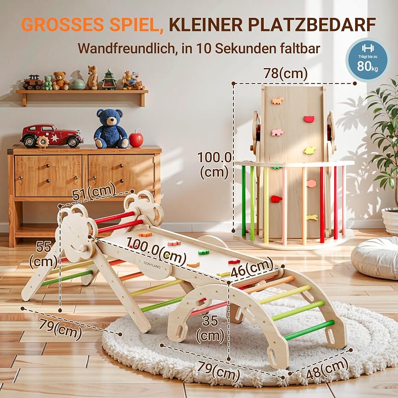 8-in-1 Klettergerüst Indoor, Kletterdreieck mit Bogen Und Rutsche