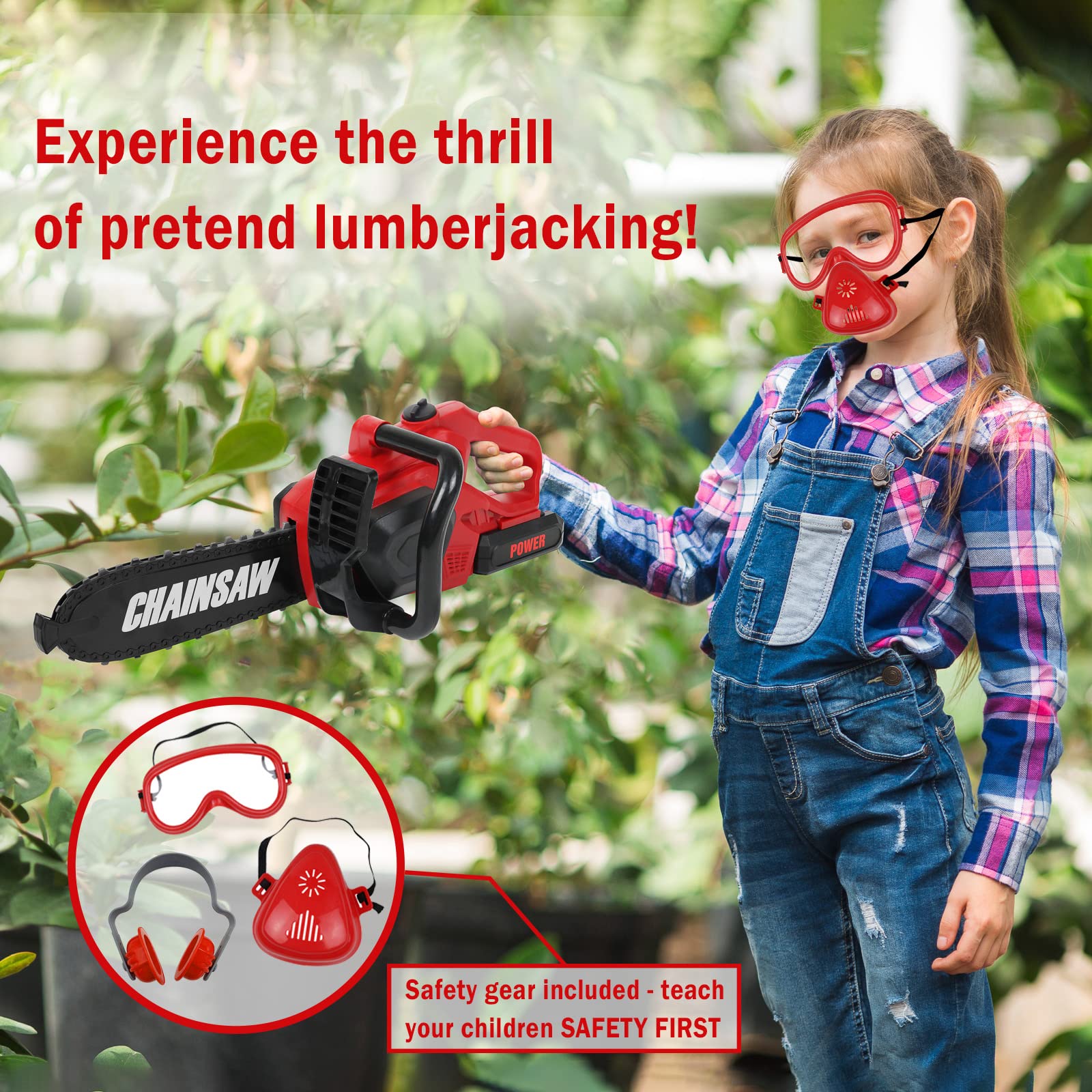 Kids Toy Chainsaw with Sound | Toddler Landscaping Gardening Tools and Equipment | Includes Safety Goggles Mask and Earmuffs