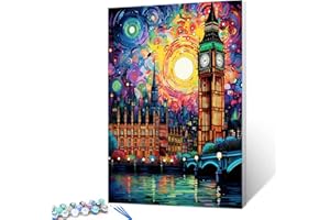 TUMOVO London Big Ben DIY Paint by Numbers for Adults Beginner,Garffitic Cityscape Pictures Arts Craft Home Wall Art Decor,Abstract Building Oil Painting Kits Gift for Kids and Adults,16x20 inch (Flameless)