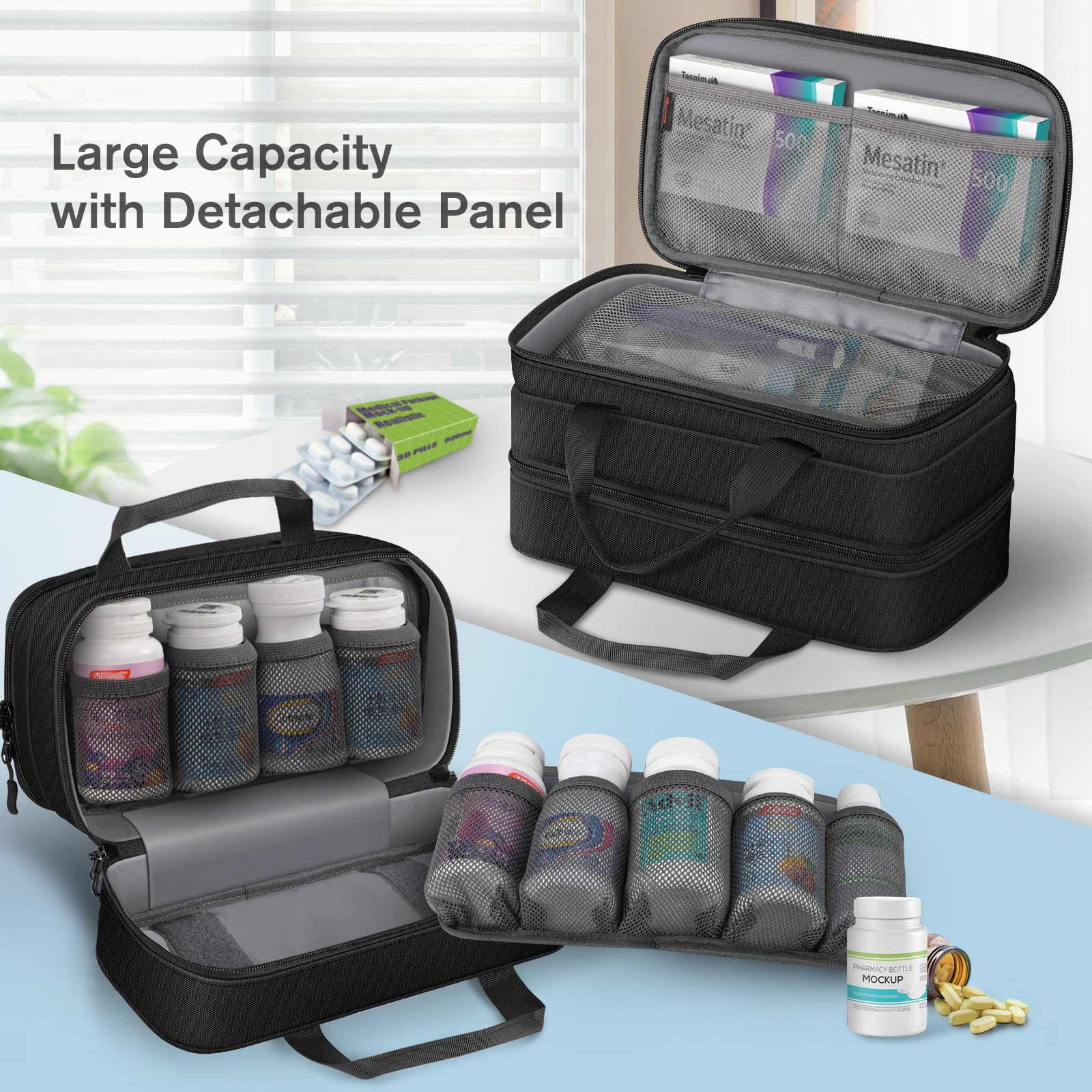 SITHON Pill Bottle Organizer Medicine Storage Bag Medication Travel Carrying Case Manager with Handle, Detachable Pockets Modular for Medications, Vitamins, Medical Supplies (Black)