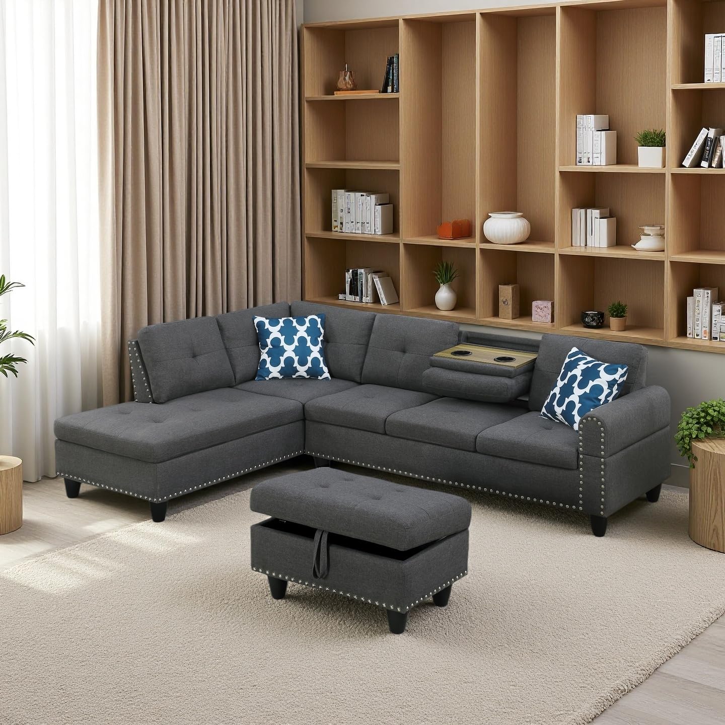 Photo 1 of **SELLING FOR PARTS AS PARTIAL SET. BOX 2 OF 3**Lyngins Sectional Couches for Living Room L Shaped Couch 3-Piece Sectional Sofa Set 98" Storage Ottoman and 2 Toss Pillows for Living Room and Small Apartment, Classic Dark Gray