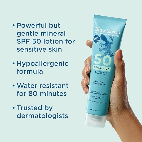 BLUE LIZARD SENSITIVE MINERAL SUNSCREEN WITH ZINC OXIDE 50+ WATER RESISTANT UVAUVB PROTECTION WITH SMART CAP TECHNOLOGY FRAGRANCE FREE, SENSITVE, SPF 50 – – TUBE, UNSCENTED, 5 FL OZ