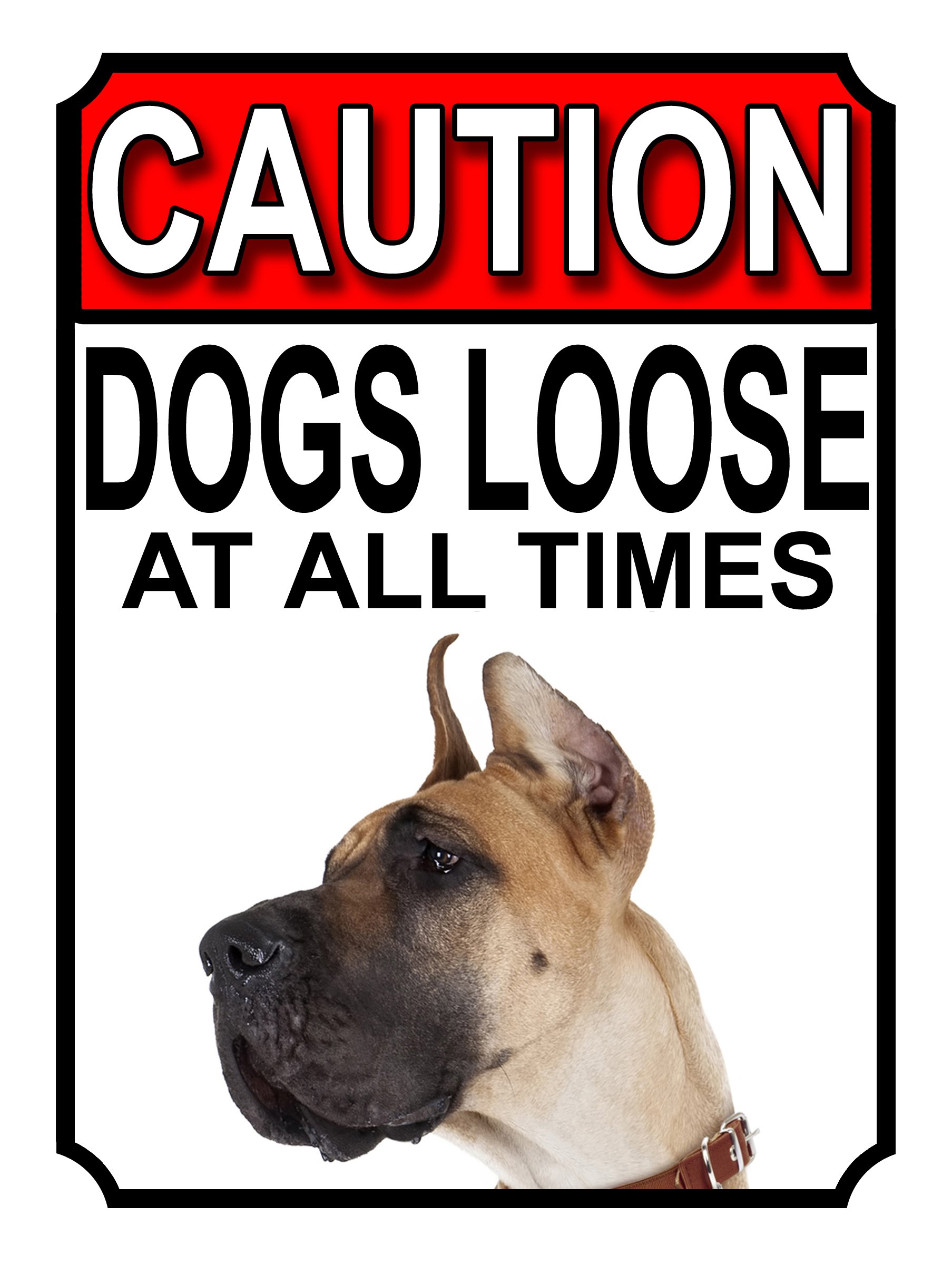 CAUTION DOGS LOOSE AT ALL TIMES METAL GATE SIGN GREAT DANE 200MM X 150MM (1204H1) — image 1