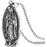 HZMAN Stainless Steel Blessed Mother Mary - Our Lady of Guadalupe Pendant Necklac with Steel Wheat Chain