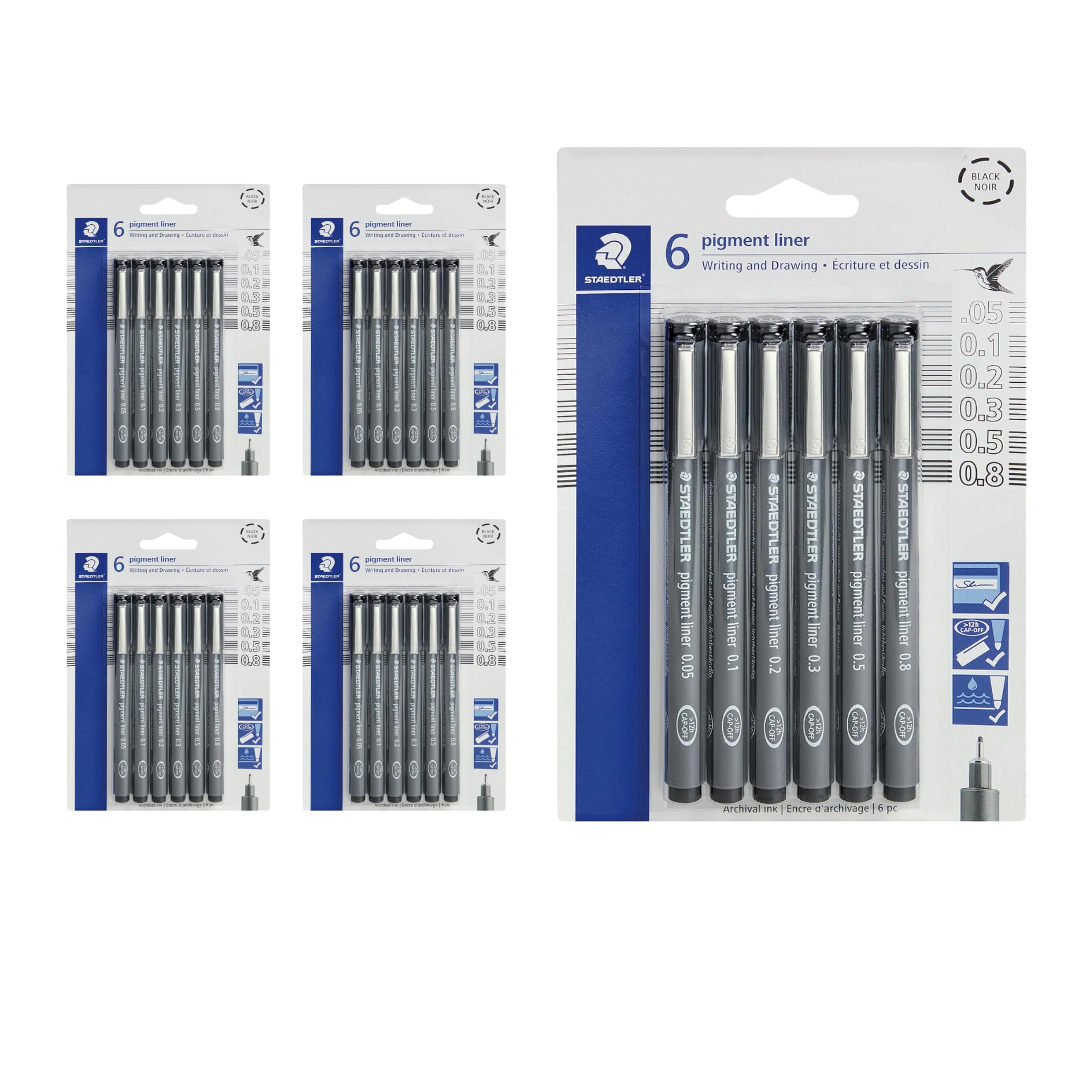 STAEDTLER Pigment Liner 5-Pack (5 sets of 6 pcs), Black, 6 Pens, Assorted Line Widths, 0.05mm, 0.1mm, 0.2mm, 0.3mm, 0.5mm, 0.8mm, 30 Count Image