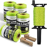 Konvixon 8PCS Mason String Line Set for Bricklaying, Alignment &amp; Masonry | 6 Rolls 540FT #18 Braided Mason Line with Reel, 2 Beech Wood Line Blocks, 1.6mm Dual Color High Visibility, Flu-yellow Black