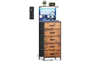 EKNKOZY Nightstand 5 Drawer Dresser with LED Lights, Charging Station, Metal Mesh Shelf with Hooks, Vertical Side Table with Fabric Drawers, End Table, Tall Dresser for Bedroom, Entryway, Rustic Brown