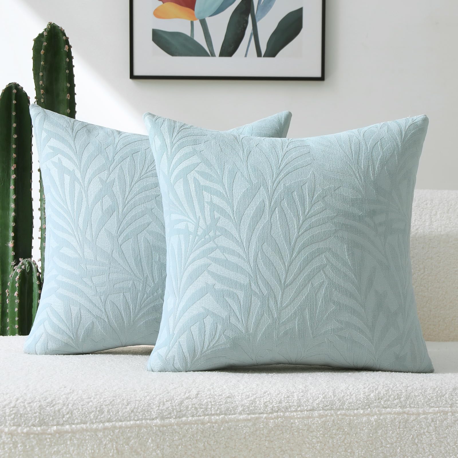 Photo 1 of FUTEI Baby Blue Decorative Throw Pillow Covers 20x20 Inch Set of 2,Soft Chenille Phoenix Tail Leaf Textured Cushion Case,Modern Home Decor for Couch Bed Living Room