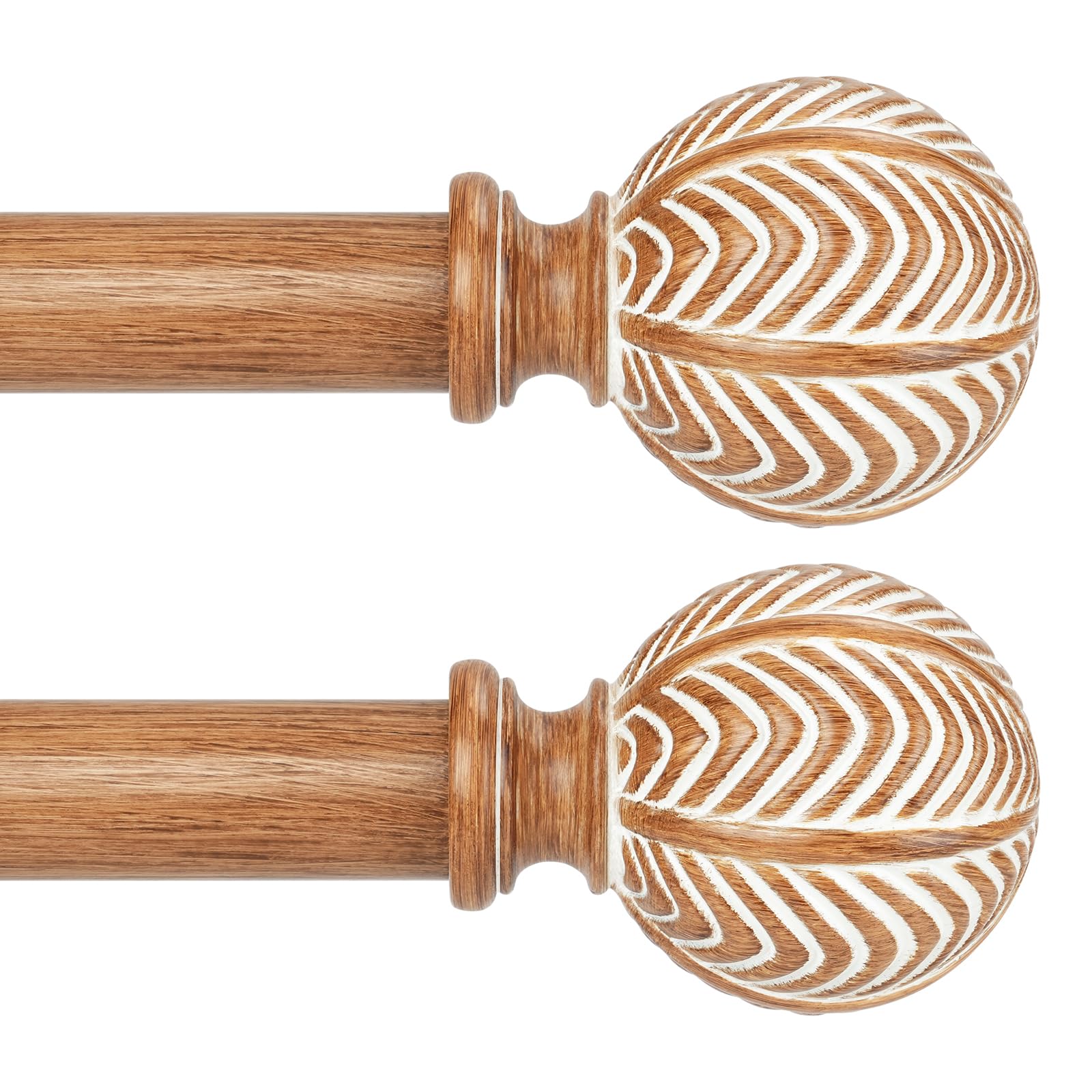 Photo 1 of 2 Pack Wood Curtain Rods for Windows 48 to 84 Inch, 1" Heavy Duty Metal Drapery Rod with Rustic Boho Imitation Wood Grain Finials, Adjustable Farmhouse Curtain Pole, Light Brown