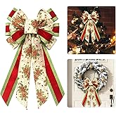 Threetols Large Christmas Wreath Bows, Glitter Green Red Stripe Bows for Wreath Vintage Flower Velvet Decor Bows for Front Winter Xmas New Year Wreath Bow for Indoor Outdoor Decor