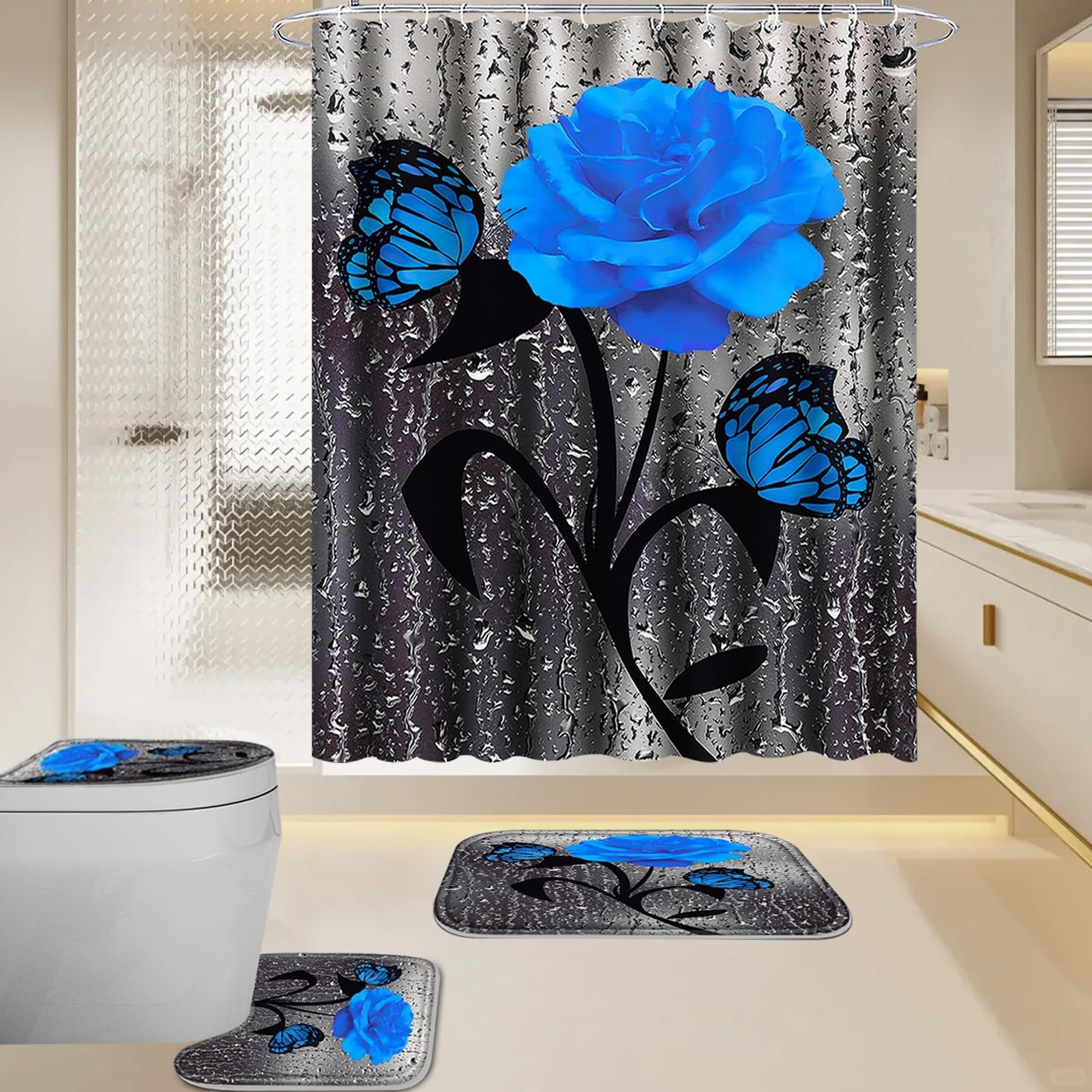 BXFUL 4 Piece Waterproof Shower Curtain Set for Bathroom-Rose-Non-Slip Bath Mat and 12 Hooks,Curtain Set with Rug,Toilet Lid Cover Bathroom Decoration (Blue)