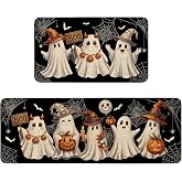 Sonalied Halloween Ghost Kitchen Mat Decor, Black Halloween Kitchen Rugs Set of 2 Non Slip Washable Ghost Floor Mat Indoor Rug Kitchen Decorations