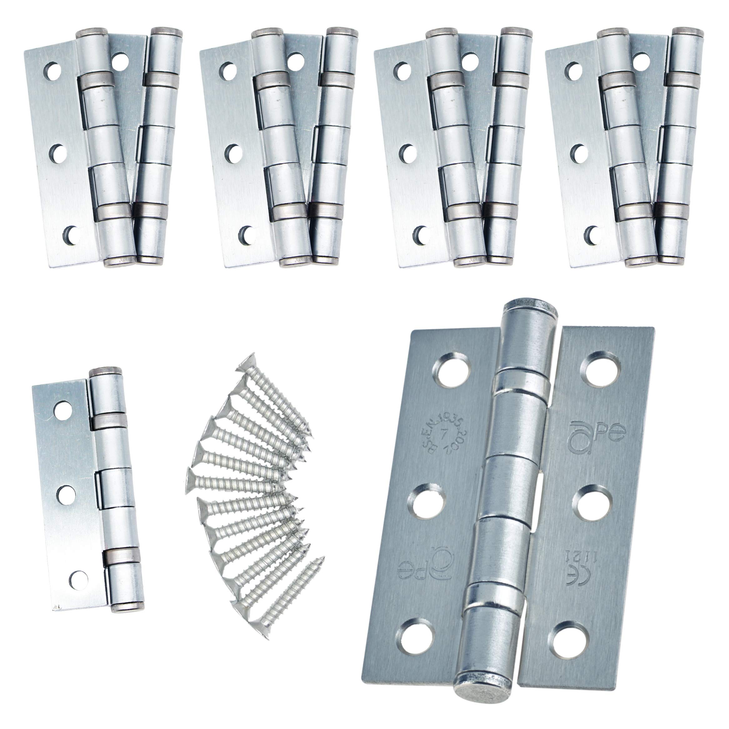 Door Hinges 3" 76mm Ball Bearing 5 Pair Pack [10 Hinges & Screws] Satin Chrome