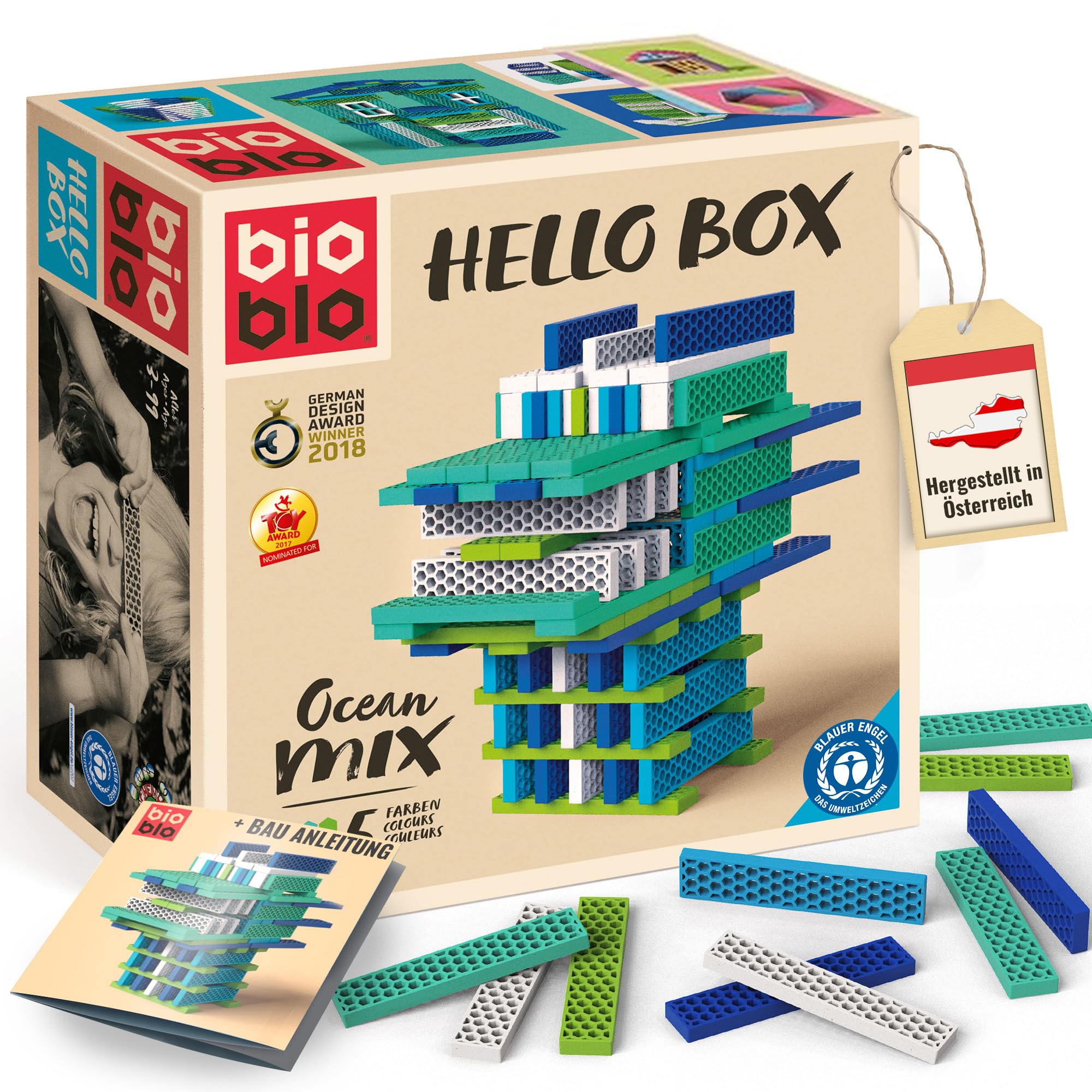 bioblo Hello Box Ocean Mix with 100 Pieces, Sustainable Colourful Building Blocks for Children from 3 Years, Wooden Building Blocks, Children's Toy, STEM Montessori Toy for Stacking and Balancing