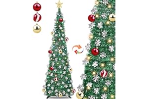 TURNMEON 5 Ft Pop Up Christmas Tree with Lights Collapsible Skinny Tinsel Pencil Tree Snowflake Balls Star 50 Warm White & Multicolor Light 8 Mode Timer Battery Operated Home Holiday Party Decor Easy Assembly