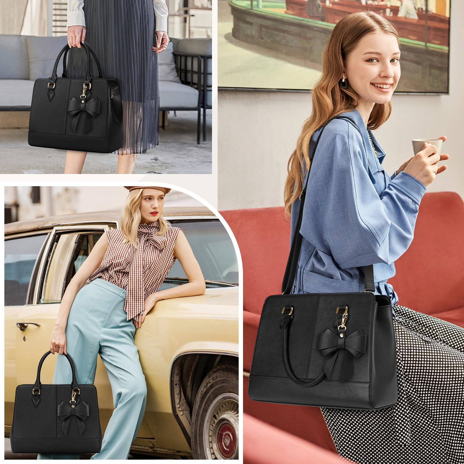 RAINSMORE Handbags for Women Waterproof Ladies Handbags PU Leather 13 Inch Women's Top-Handle Bags Medium Womens Shoulder Bags Fashion Tote Bag for Work Business Casual Black