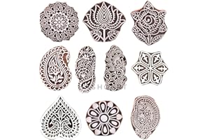 Wooden Stamp Block Printing - Henna Stamps for Saree Border, Textile, Clay, Pottery, Tattoo - Handcarved Indian Textile Printing Blocks for Crafting on Fabric Hashcart® (Pack of 10)