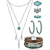 Ecally Bohemian Western Jewelry Turquoise Set Women Country Pendant Long Choker Layered Bracelets Earrings Ring for Women
