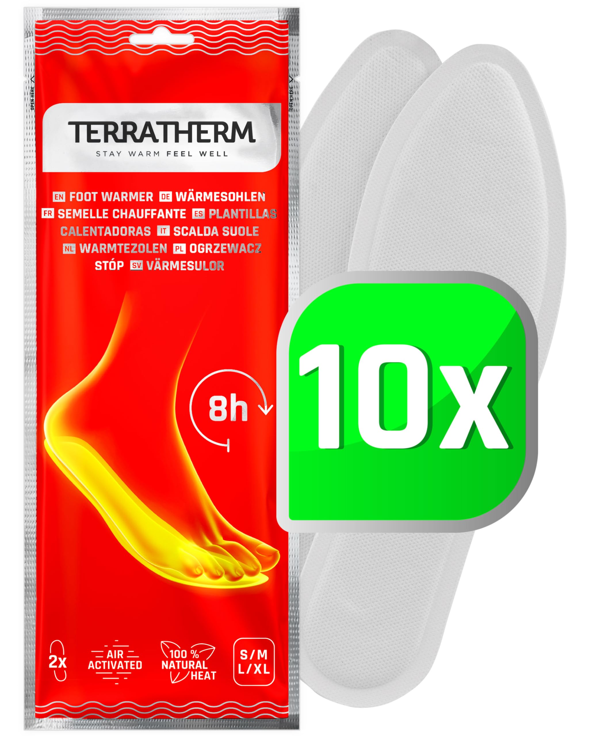 TerraTherm Insole Foot Warmers - Air Activated - 8 hours of warm feet - 5, 10 or 30 Pairs Heated Insoles - 100% natural warmth - 10 Pairs S
