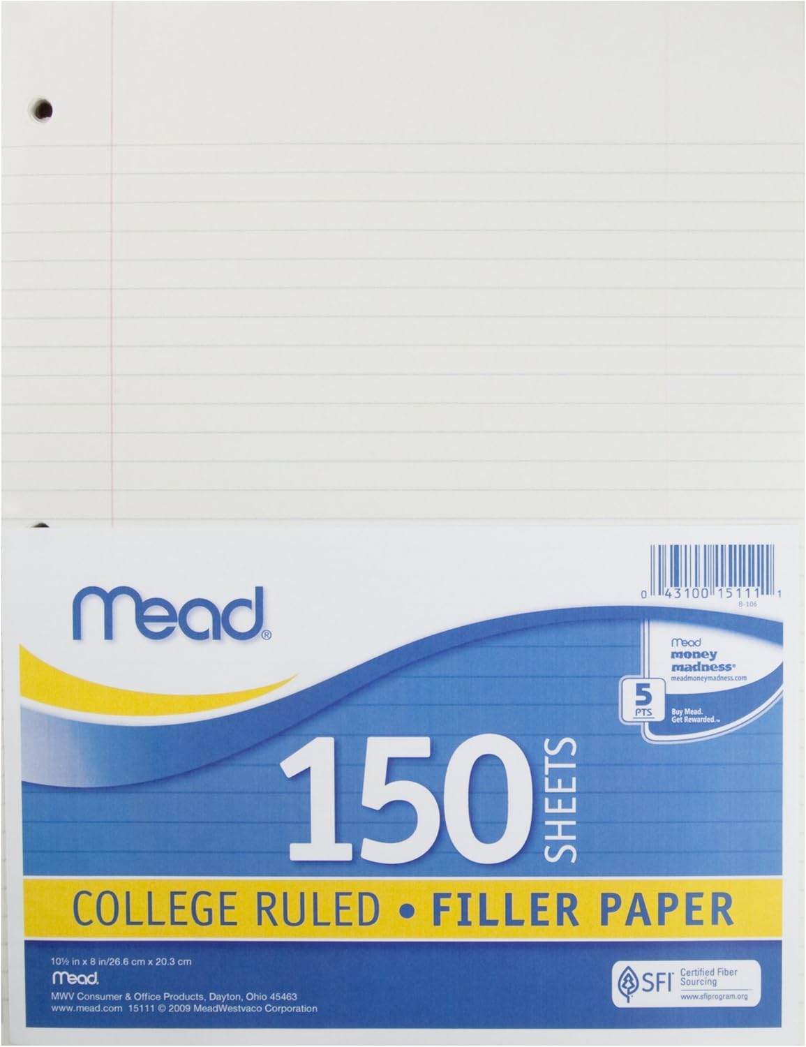 Filler Paper 101/2 x 8 1 Pack College Ruled 15111 150 Sheets Mead