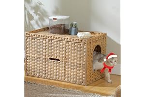 MUTTROS Rattan Cat Litter Box Enclosure - Extra Large Hidden Litter Box Furniture by Handwoven Wicker with Taller Doorway & Raised Edge Mat-Cat House Cabinet for Large Cats Indoor Odor Control, Beige