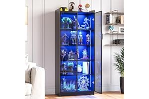 Display Cabinet with 2 Acrylic Glass Doors, 5 Tier Curio Cabinet with 3 Color Lights&Adjustable Shelves for Collectibles, Sto