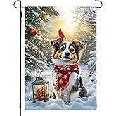 Christmas Garden Flags 12x18 Double Sided, Small Burlap Christmas Holiday Australian Shepherd Dog Garden Flag Winter Xmas Decorations for Outside Home Porch