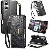 TopFunny Cases for iPhone 17 Wallet Flower Case for Women with Card Holder Retro Embossed Zipper Wallet PU Leather Flip Cover with Detachable Strap for Apple iPhone 17 6.3" Black