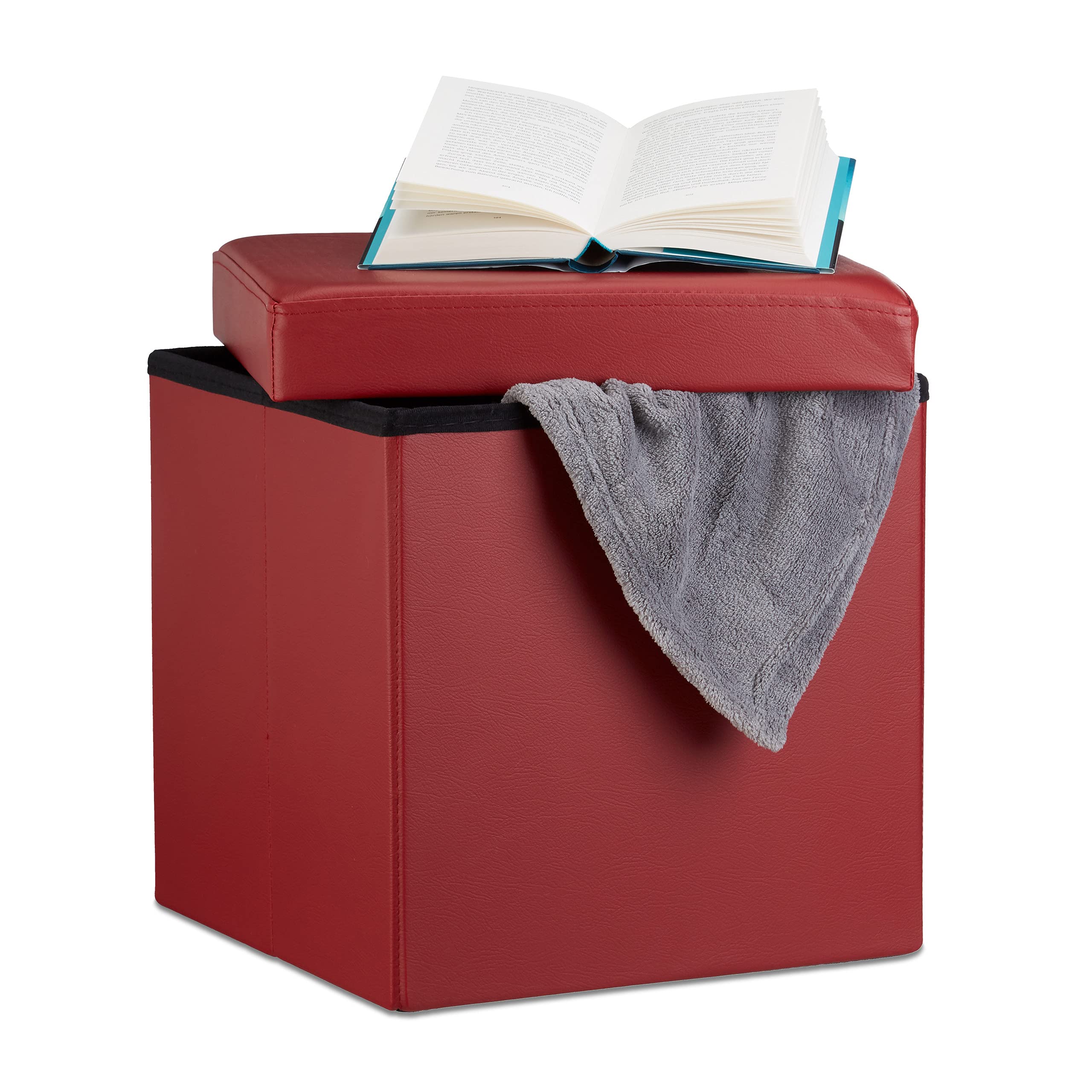 Relaxdays Folding Ottoman 38 x 38 x 38 cm Sturdy Storage Chair Pouf and Footstool, Faux Leather Box, Removable Lid, Dark Red