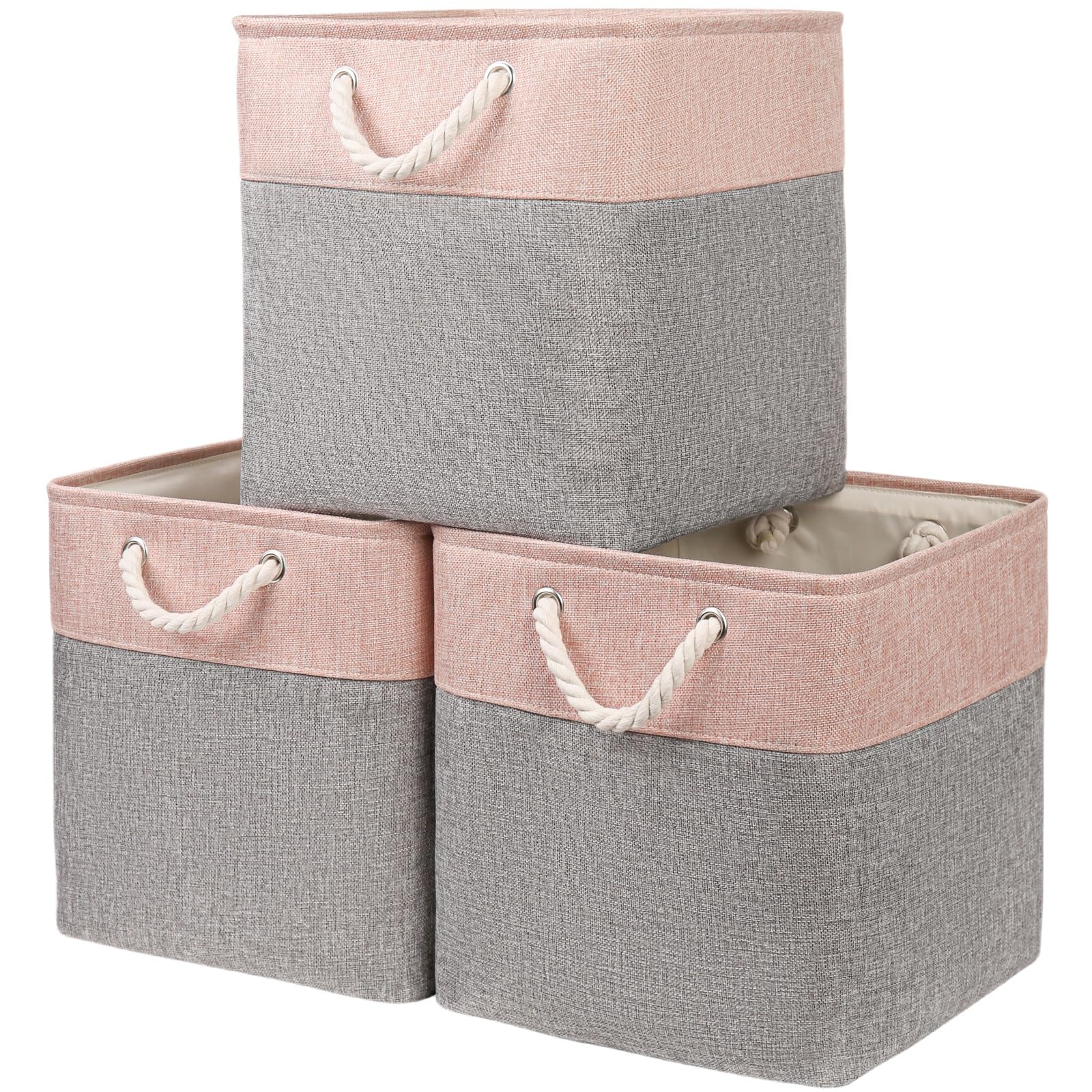 Mangata Fabric Storage Boxes, 33x33x33cm Cube Storage Unit Boxes Storage Baskets for Organizing Clothes Shelf Nursery Home Closet(Grey/Pink, Set of 3)