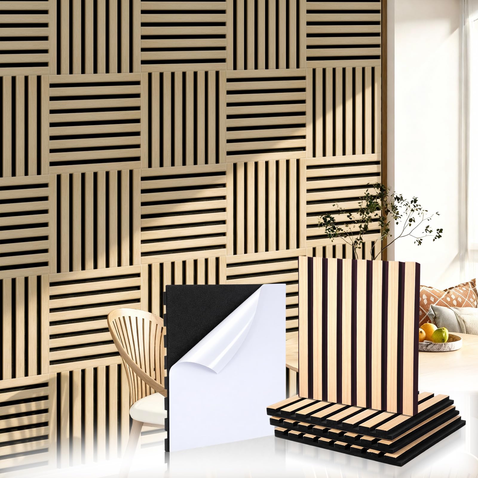 Photo 1 of Geelin 8 Pcs 3D Wood Wall Panels Peel and Stick Self Adhesive Wood Slat Acoustic Textured Panel for Interior Wall Paneling Decor and Ceilings Soundproof 3D Fluted 11.8" x 12.6" (Light Brown)