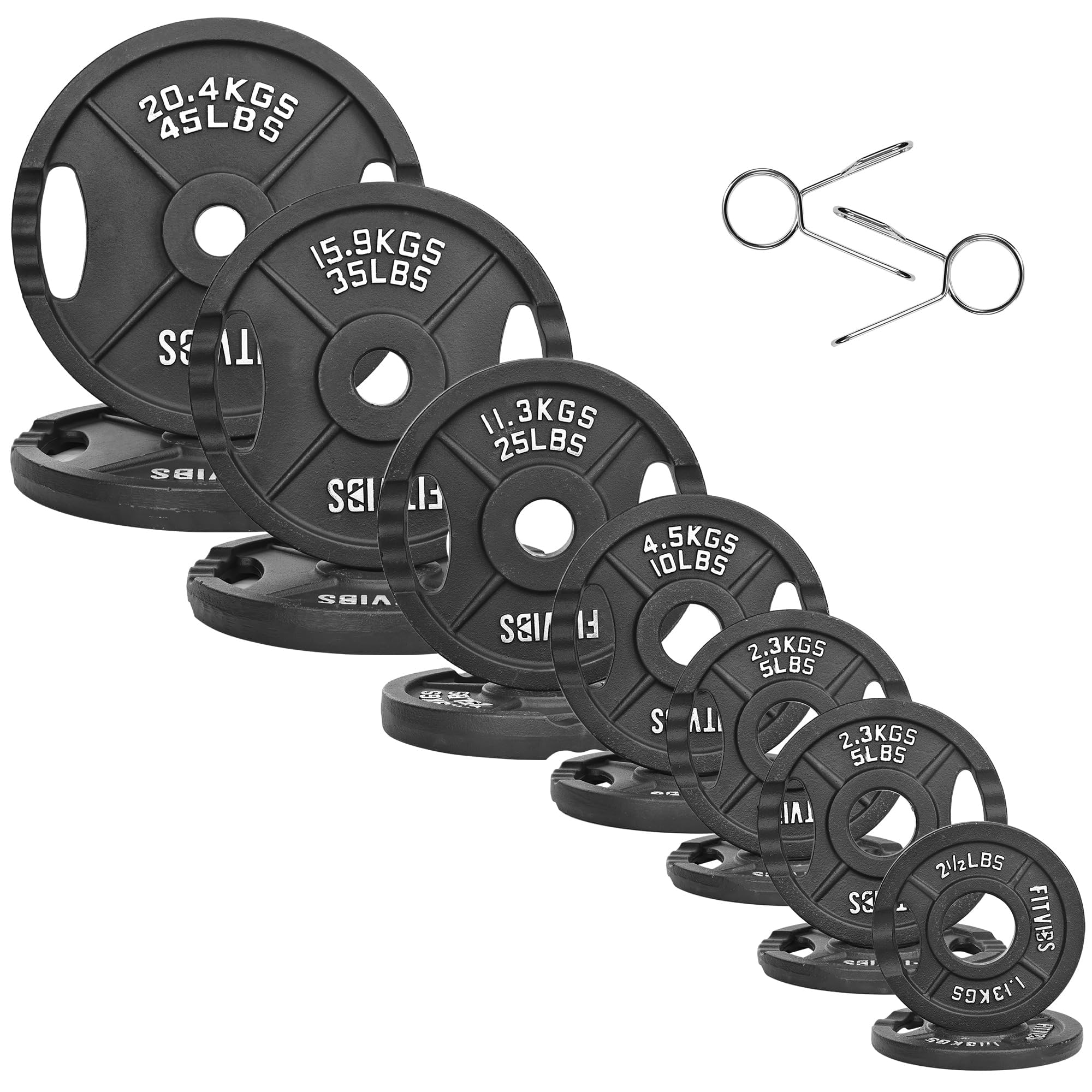 Photo 1 of **MISSING BOXES/CONTAINS 2 10LB, 2 5LB, AND 2 2-1/2LBS WEIGHTS***** Fitvids 2 Inch Olympic Barbell Weight Plates Set, 255 LB(2.5-45 LB) Barbell Weight Set for Home Gym Strength Training, Double-grip Design
