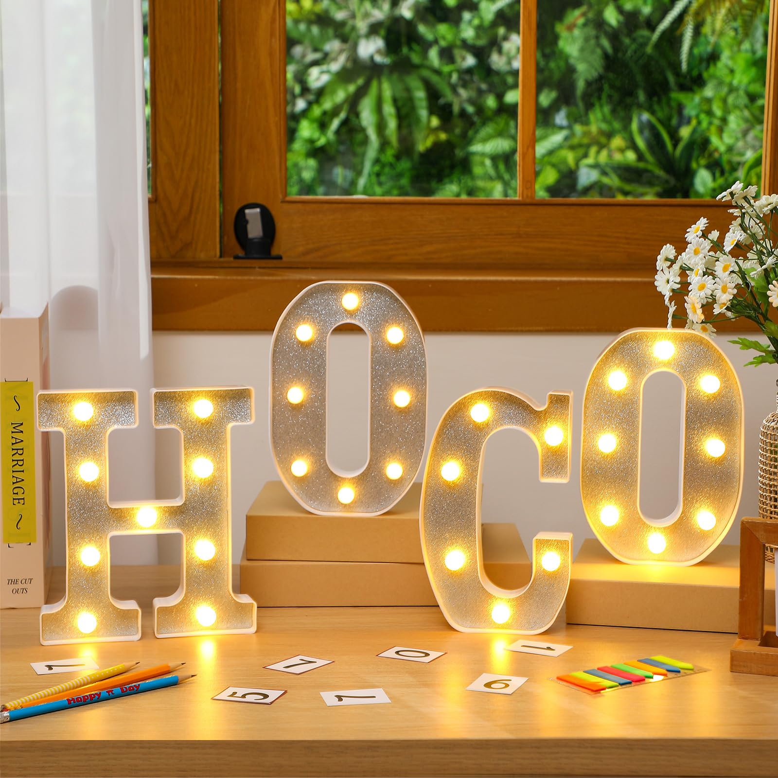 Photo 1 of Aurelema 4 Pcs Hoco LED Letter Lights Glitter Hoco Marquee Light Letters Table Sign Lights up 3D Plastic Sign for Homecoming Dance Parade Kingqueen Assembly Football Game Party Favor Supplies (Silver)