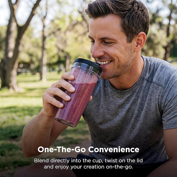 NINJA NUTRI-PLUS PERSONAL BLENDER | COMPACT PUSH TO BLEND | MAKE FROZEN DRINKS, SMOOTHIES, SAUCES & MORE | WITH (3) 20 OZ. TO-GO CUPS, (2) SPOUT-LIDS & (1) STORAGE-LID | 900 PEAK WATT | SILVER | BN301