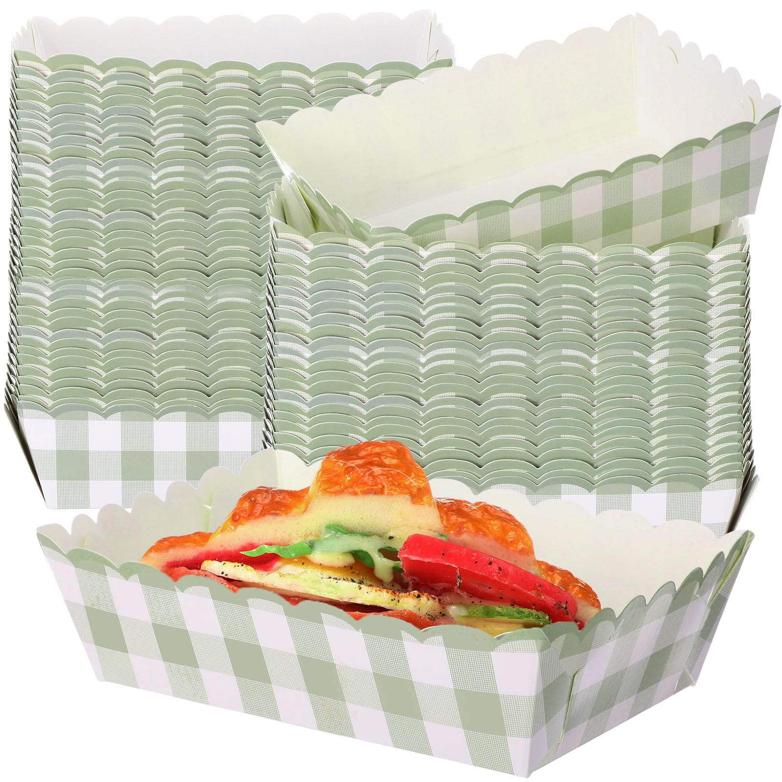 Photo 1 of Funnymoom 100 Pcs Sage Green Gingham Paper Food Trays Green and White Checkered Serving Trays Disposable Hot Dog Nacho Boat for Carnival Family Clinic BBQ Snack Nacho Popcorn Birthday Party Supplies