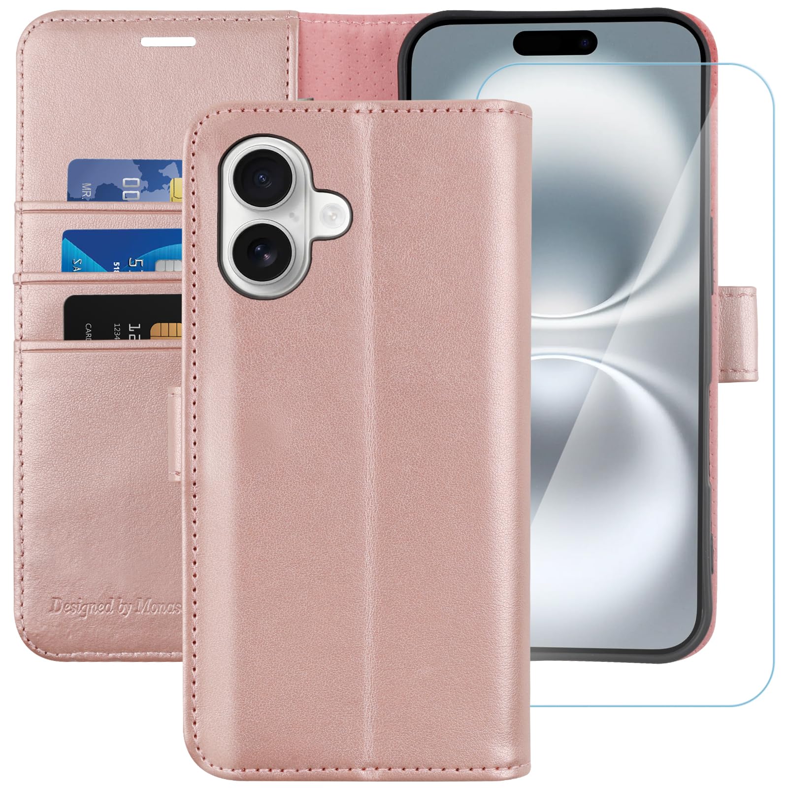 MONASAY for iPhone 16 Plus 5G Wallet Case,[Glass Screen Protector Included] [RFID Blocking] Flip Folio Leather Cell Phone Cover with Credit Card Holder, 6.7-inch, Rosegold