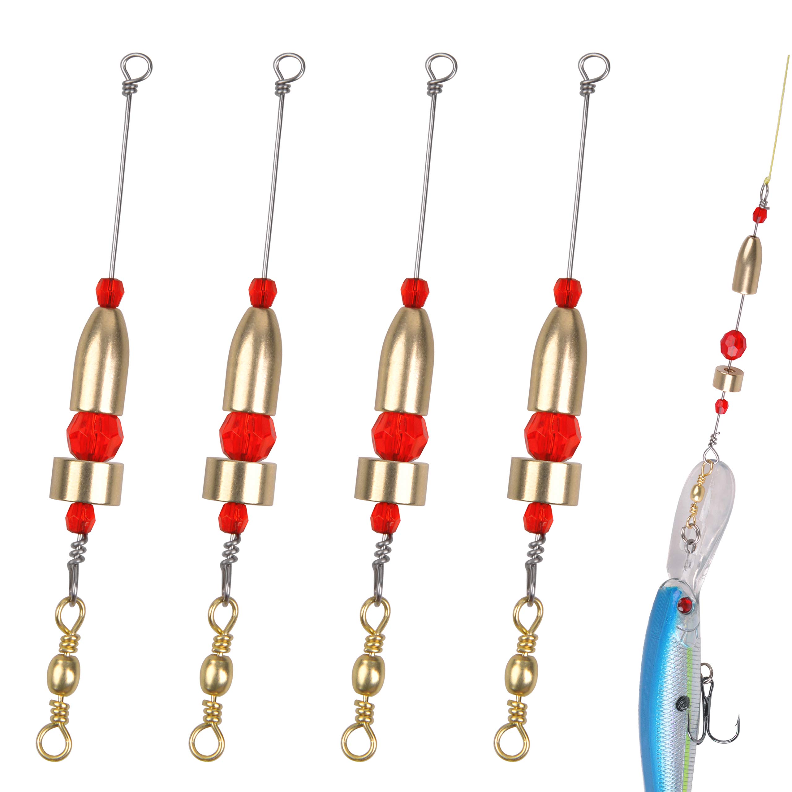Carolina Fishing Rigs, 4pcs CRR Carolina Ready Rig Brass Pre Rigged with Hollow Weights Barrel Swivels Beads Fishing Connector Rig for Saltwater Freshwater(3/4oz-21g-4pcs)
