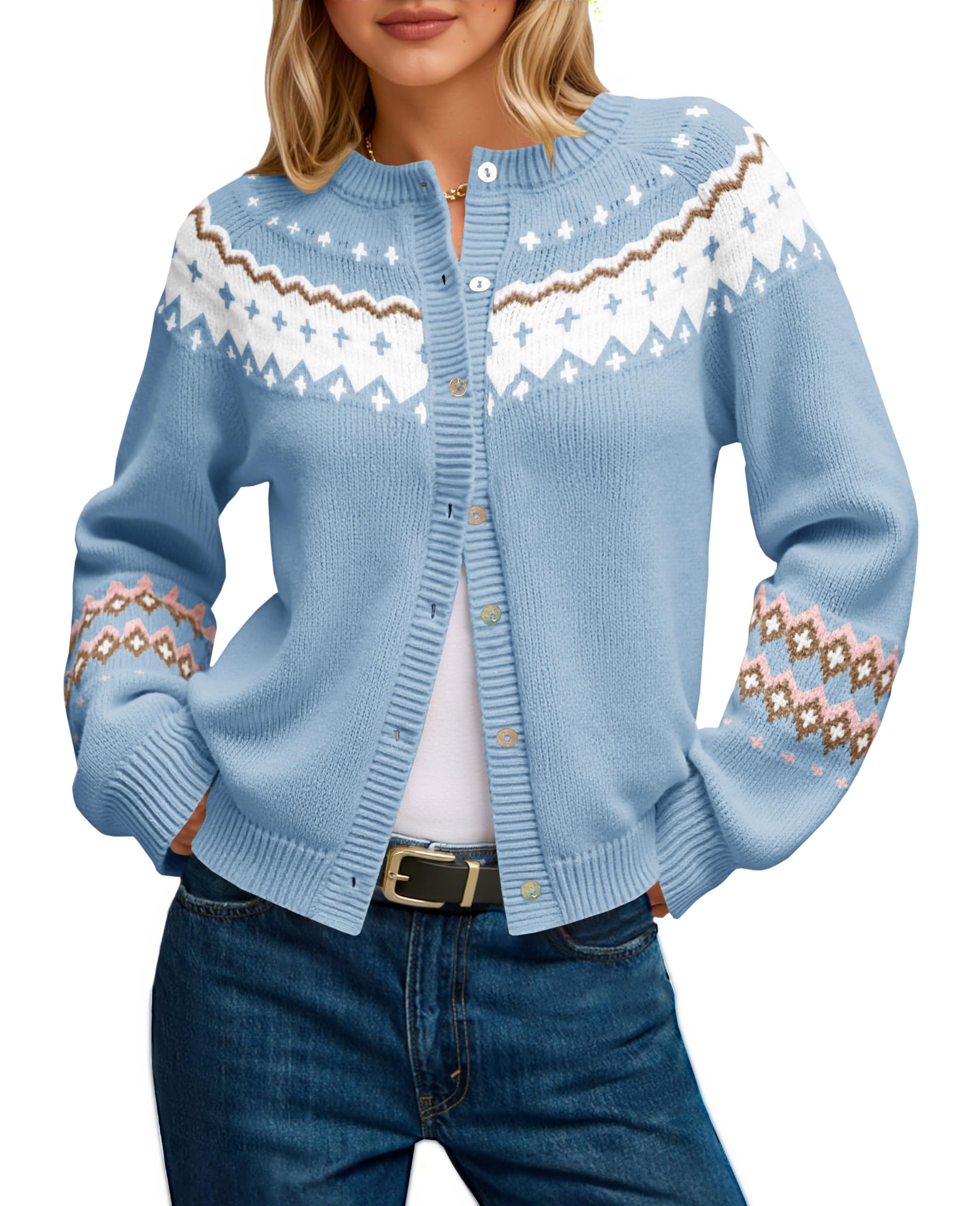 Photo 1 of ***MINOR DAMAGE*** ***READ CLERK NOTES*** Saodimallsu Womens Fair Isle Sweater Button Up Long Sleeve Cardigans Crew Neck Open Front Knit Vintage Sweater Coats Azure