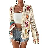Sdipipo Womens Vintage Crochet Granny Square Cardigan Floral Knitted Y2K Retro Long Sleeve Open Front Boho Chic Sweater