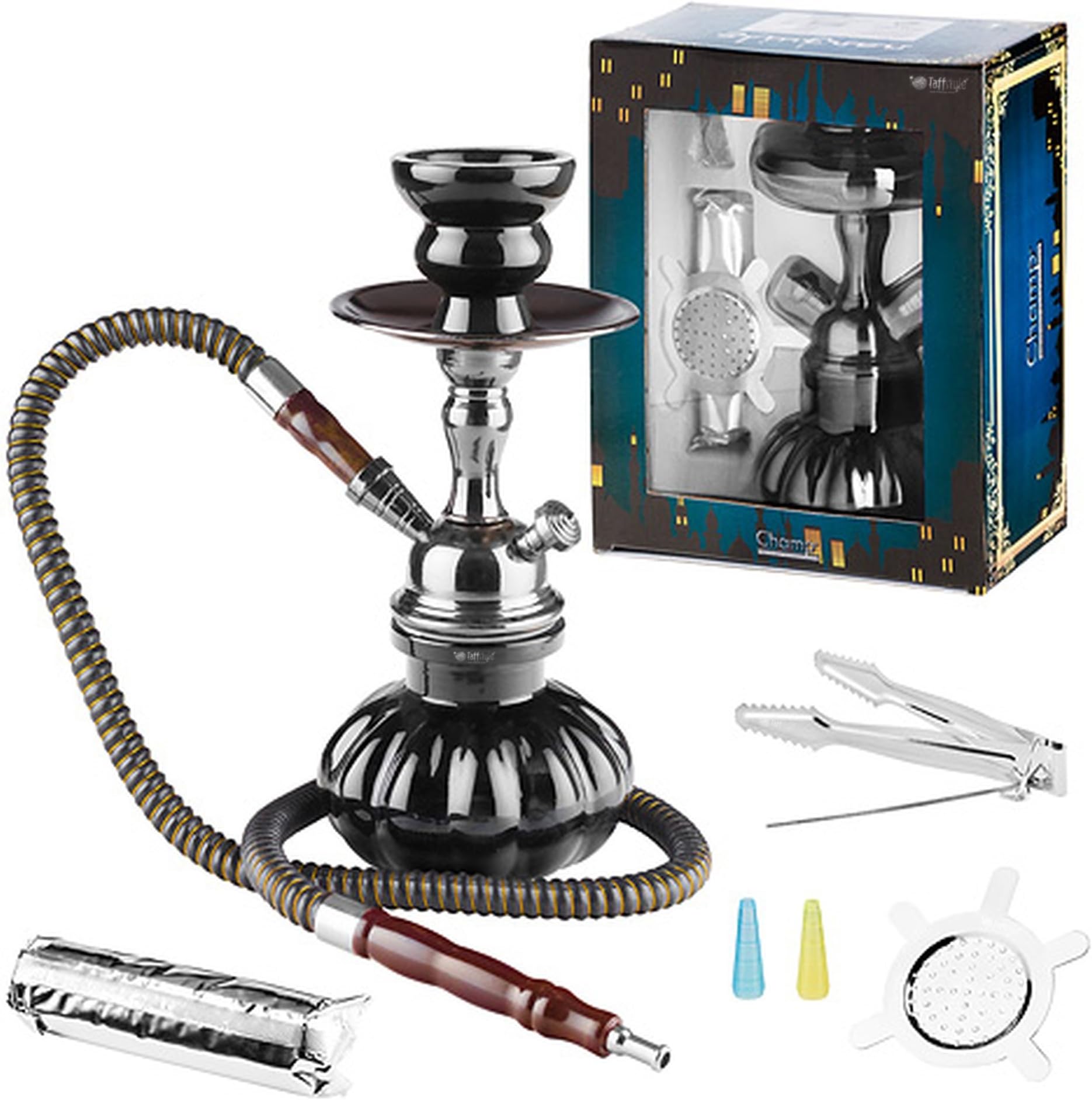 Taffstyle ® Oriental Shisha Water Pipe Starter Set for newcomers to Car Care Starter Kit Starter Set Gift Set-Black-GREY-&Accessories Tube and 2 mouthpieces charcoal and charcoal tongs, 1 roll of 10)