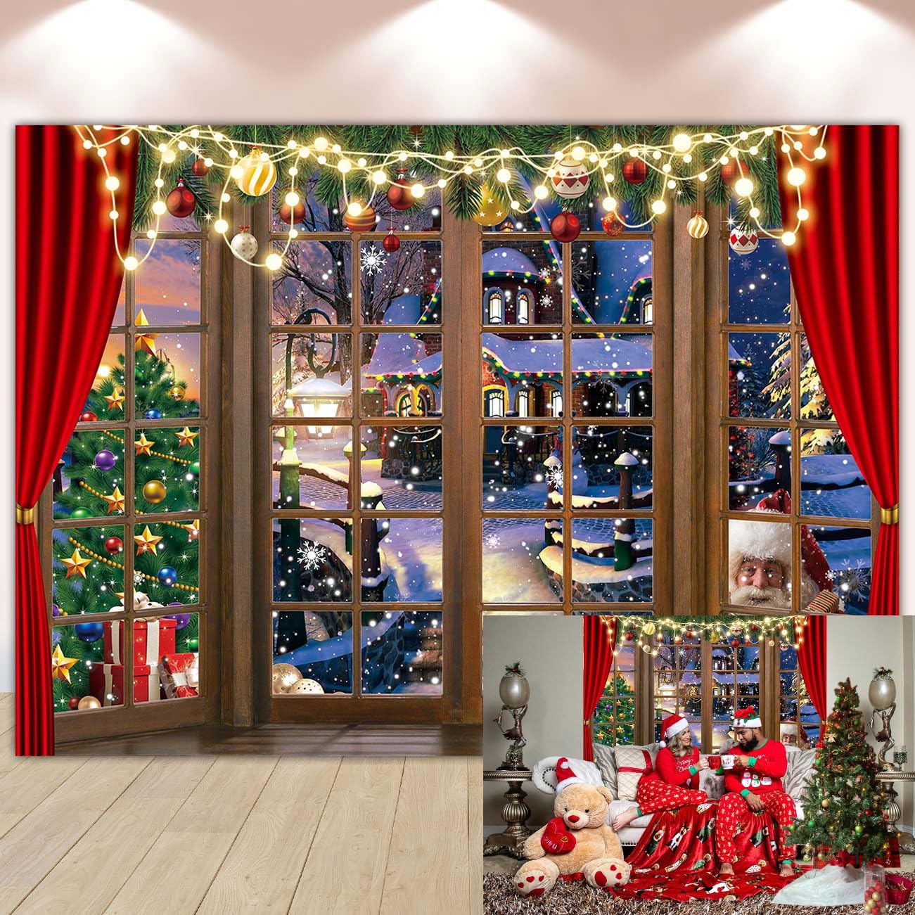 Photo 1 of Winter Christmas Backdrop Santa Claus Xmas Tree Retro Window Photography Background Christmas Banner Family Holiday Birthday Party Decoration 7x5FT
