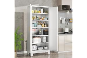 erosoei 75.2”H Metal Kitchen Pantry Storage Cabinet, Storage Cabinets with Adjustable Feet and Shelves,Food Pantries Cupboard for Kitchen, Living Room, Laundry Room and Dinning Room（White）