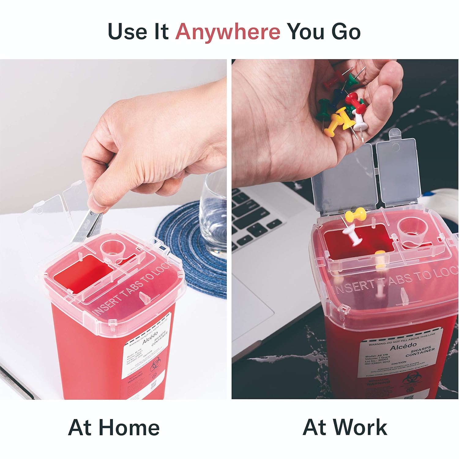 Alcedo Sharps Container for Home Use and Professional 1 Quart (3-Pack) | Biohazard Needle and Syringe Disposal | Small Portable Container for Travel: Industrial & Scientific