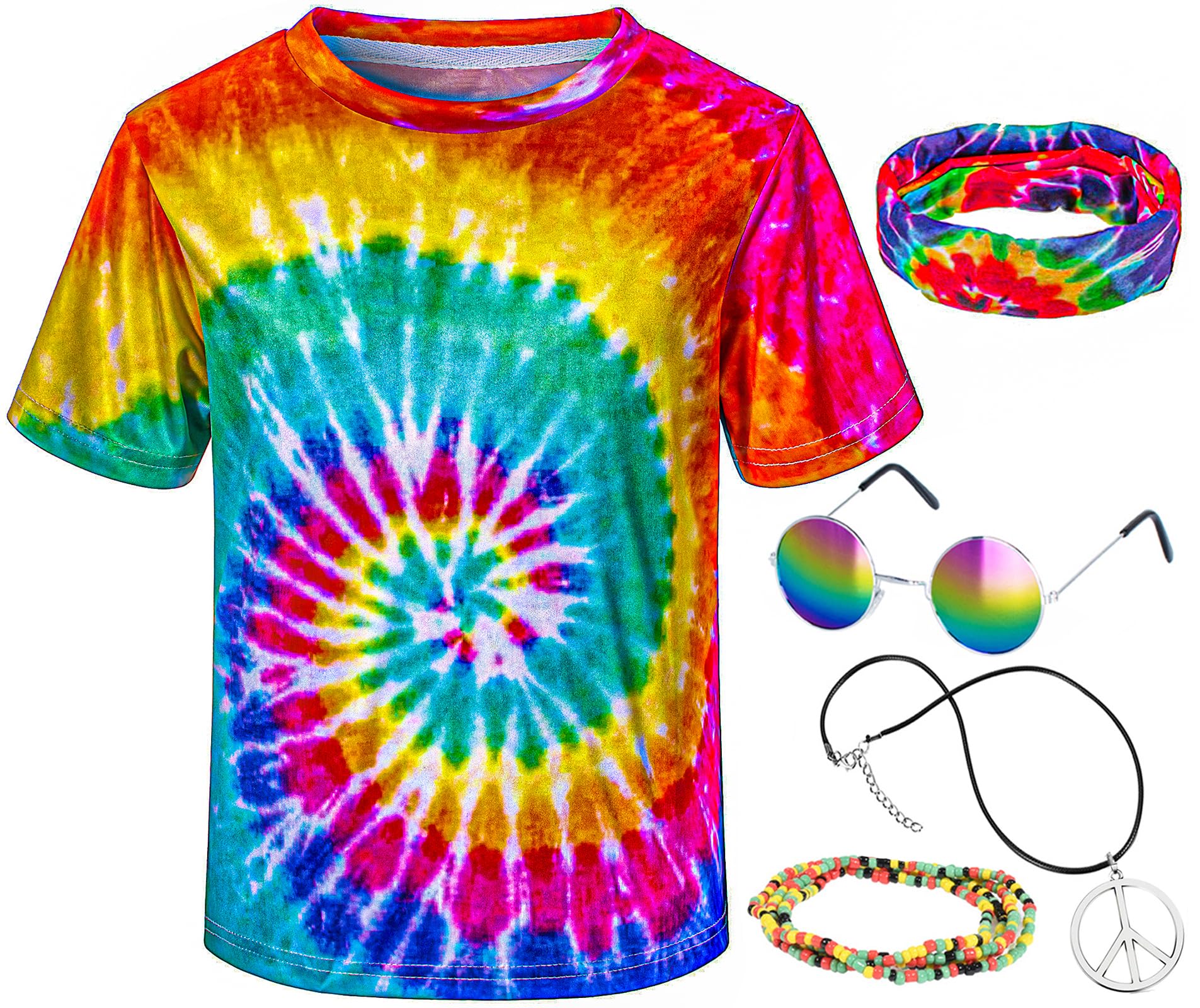 Photo 1 of Hippie Costume for Men Momen 60s 70s Multicolor T-Shirt 5 PCS Accessories Set for Theme Party Large