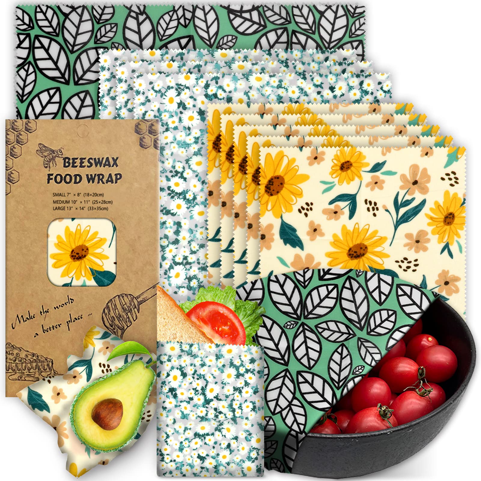 Photo 1 of Beeswax Wrap, 9 Pack Eco-Friendly Beeswax Wraps for Food Storage, Organic, Sustainable, Beeswax Food Wraps, Zero Waste Reusable Food Wrap Beeswax Paper 1L, 3M, 5S Plants Pattern Sandwich Wrappers
