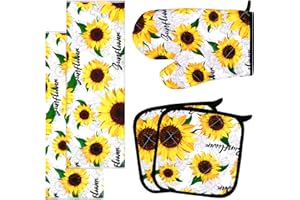 RUODON 5 Pack Yellow Sunflower Dish Towels Oven Mitts and Potholders Gloves-Oven Mitts Sunflower Dish Cloths Linen Set for Home Cleaning Daily Kitchen