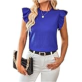 WDIRARA Women's Ruffle Cap Sleeve Blouse Shirts Frill Trim Crew Neck Tops