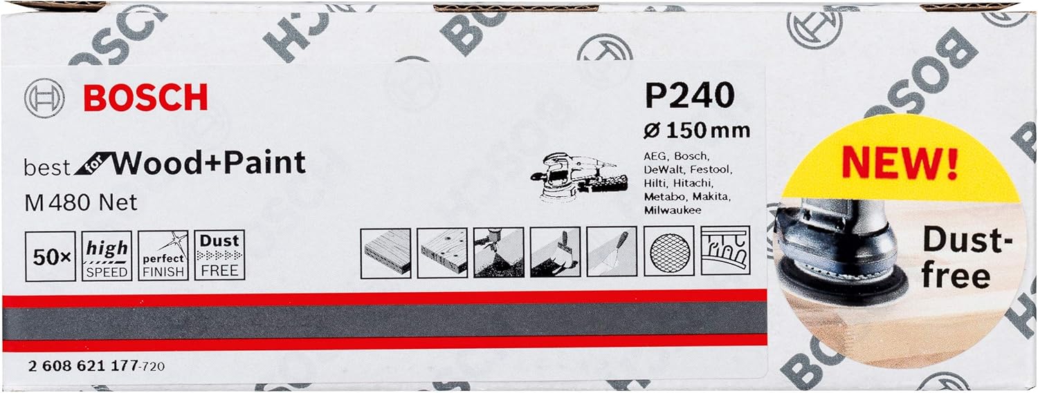 Bosch Professional Set of 50 Sanding Sheets M480 Best for Wood and Paint (Wood and Paint, diameter 150 mm, grit P240