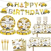 118 Pcs Construction Birthday Party Decorations Dump Truck Paper Plates Napkins Forks Cups Tablecloth Banner Dinnerware for Construction Baby Shower 1st 2nd 3rd 4th Birthday Party Supplies