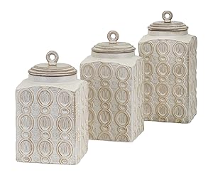 IMAX 95792-3 Dreanna Canisters - [Set of 3] Food Safe, Handcrafted Container with Mango Wood Lid. Kitchen Storage Accessories
